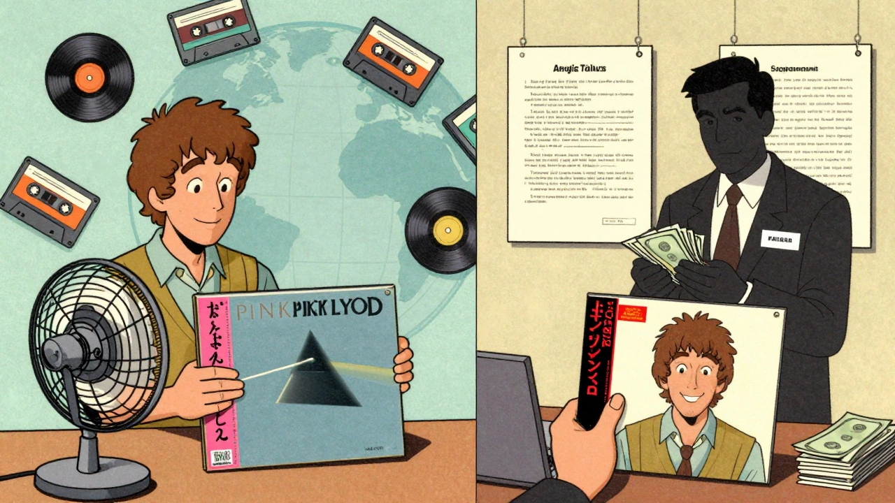 Fans in Tokyo and New York hold different album covers while a label executive counts cash, all rendered in vintage cartoon aesthetic.