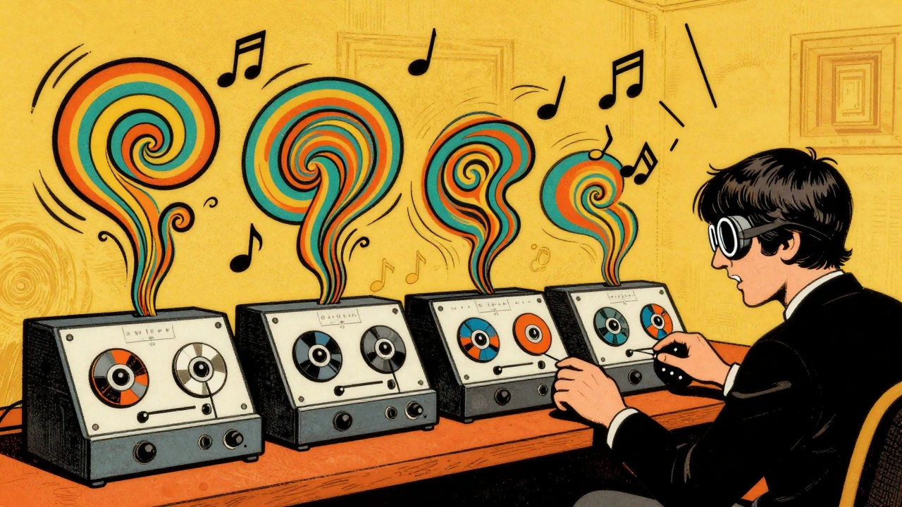 Four tape machines looping colorful tape strands into psychedelic musical patterns in a chaotic 1960s studio.