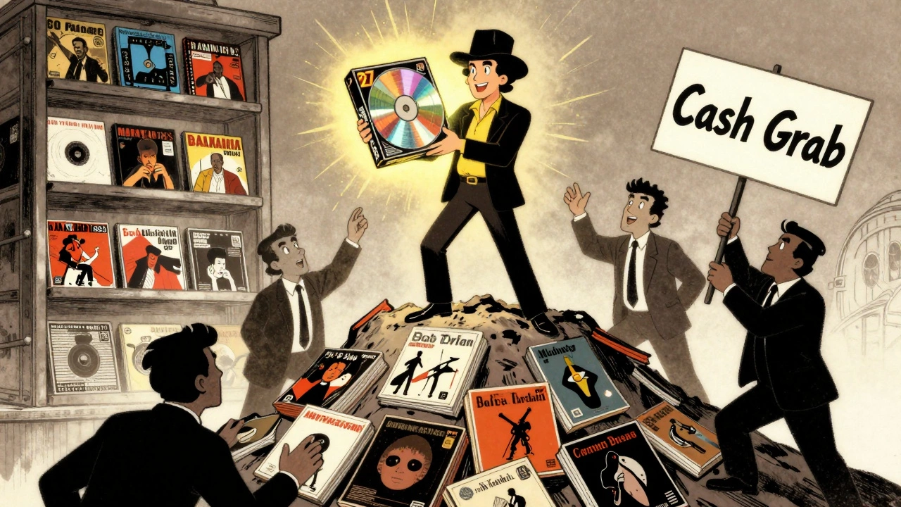 Heroic collector defending a rare box set from corporate cash-grabbers in a cartoon vault scene.