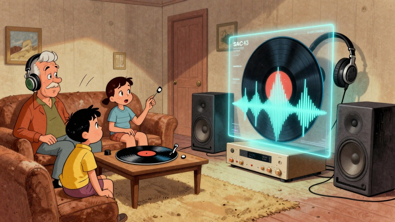 Split-screen cartoon showing analog listening vs. modern high-fidelity audio setups.