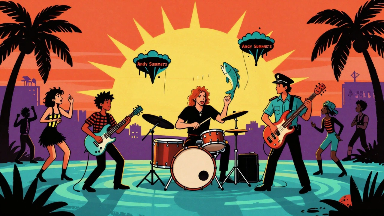 The Police performing, bass as a singing fish, one-drop beat rippling the floor, vintage cartoon illustration.