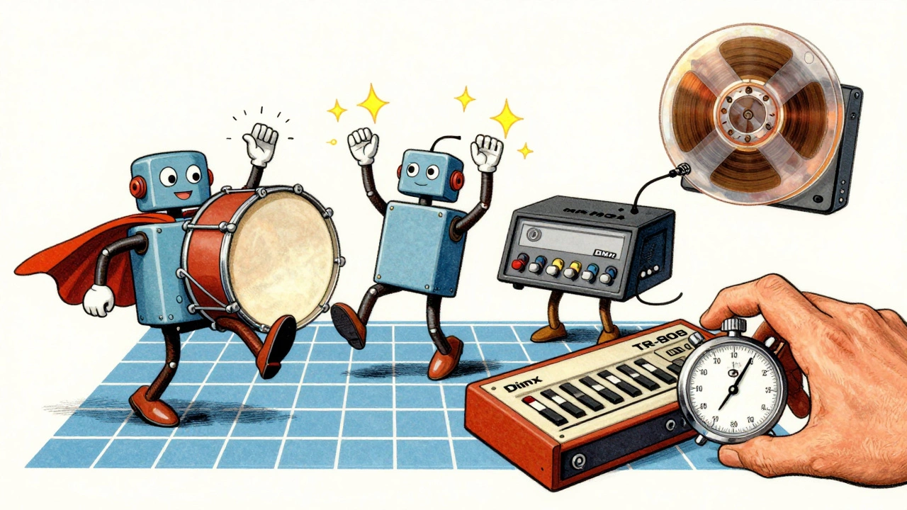 Three drum machine robots dancing on a grid while a hand adjusts timing and a compressor squeezes the mix.