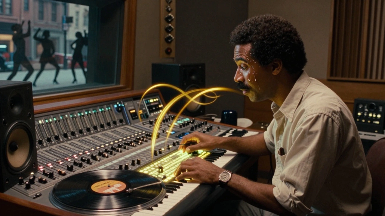 Trinidadian producer in a Brooklyn studio surrounded by glowing synth beats and a Hot Hot Hot record.