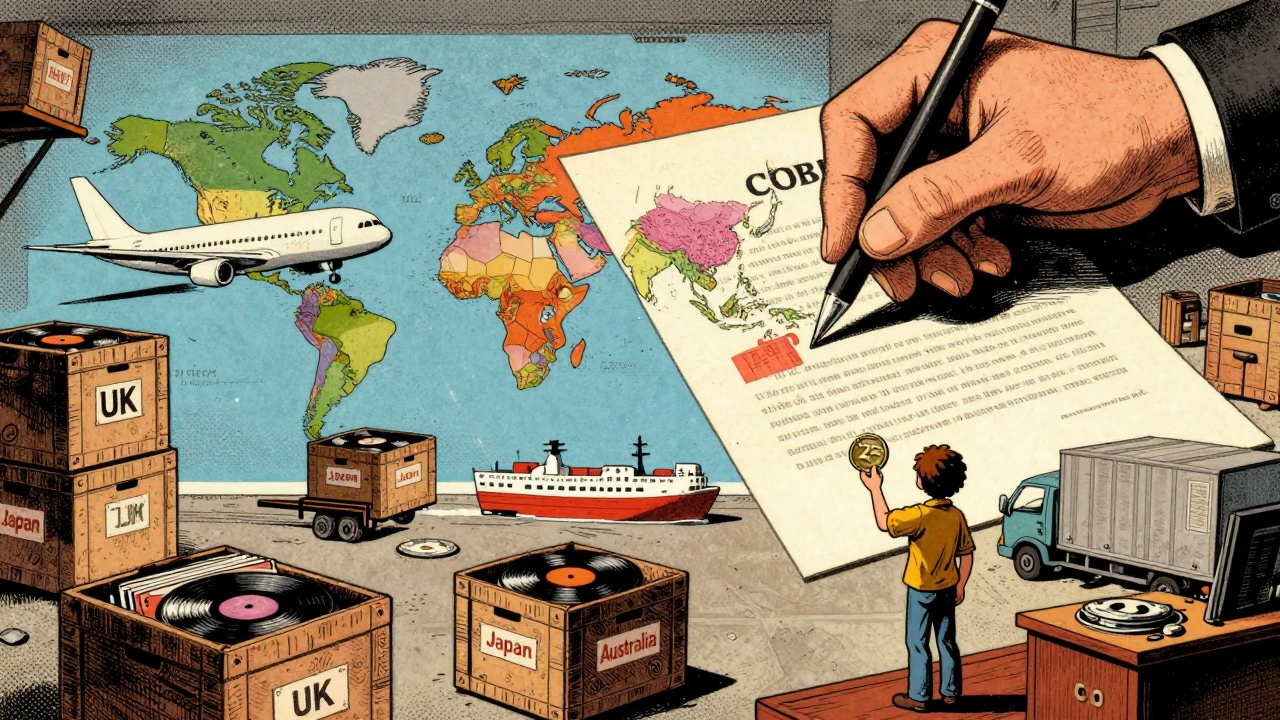 Vinyl crates are shipped worldwide while a tiny artist holds a single coin, surrounded by corporate contracts in 1970s cartoon style.