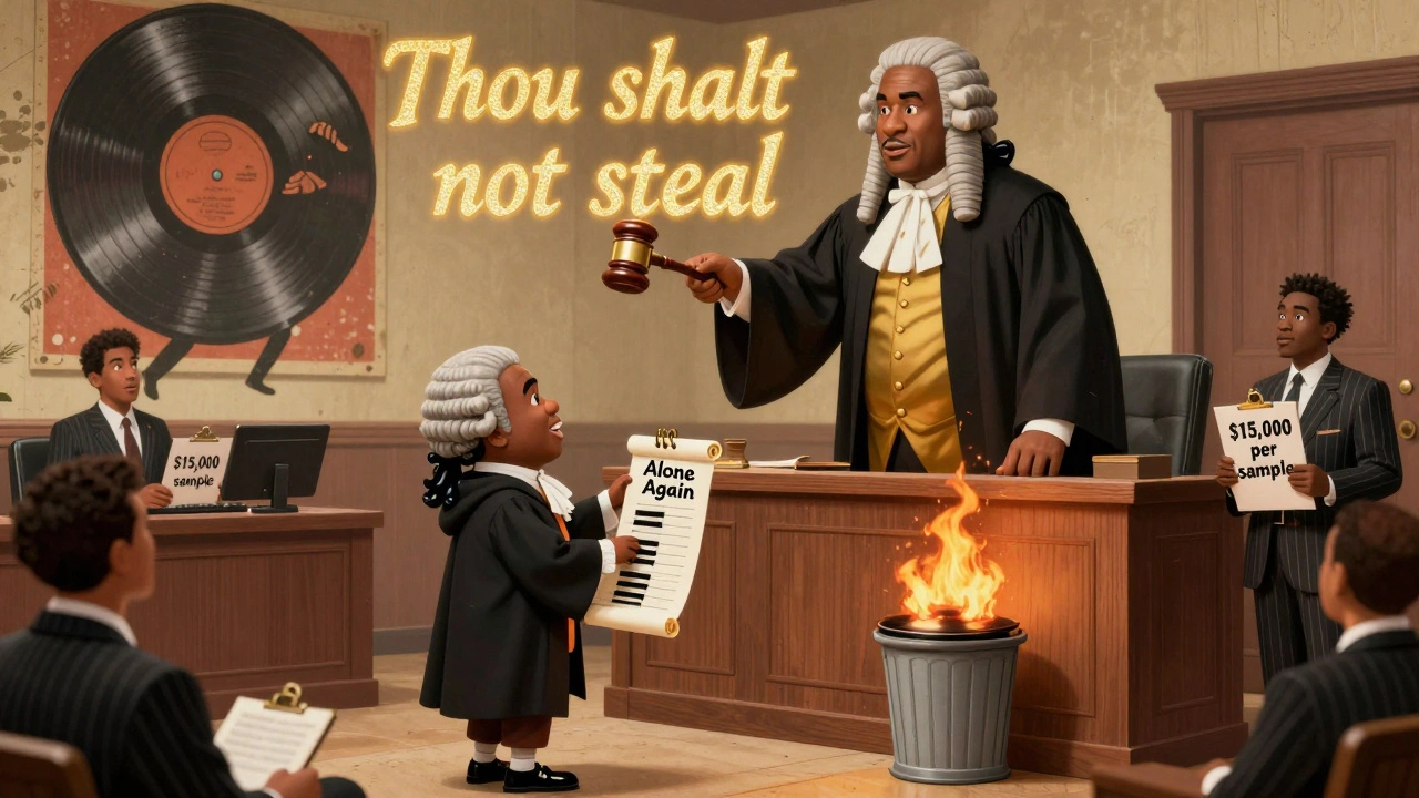 Cartoon courtroom scene with Biz Markie and a judge holding a Bible, referencing the 'Thou shalt not steal' ruling.