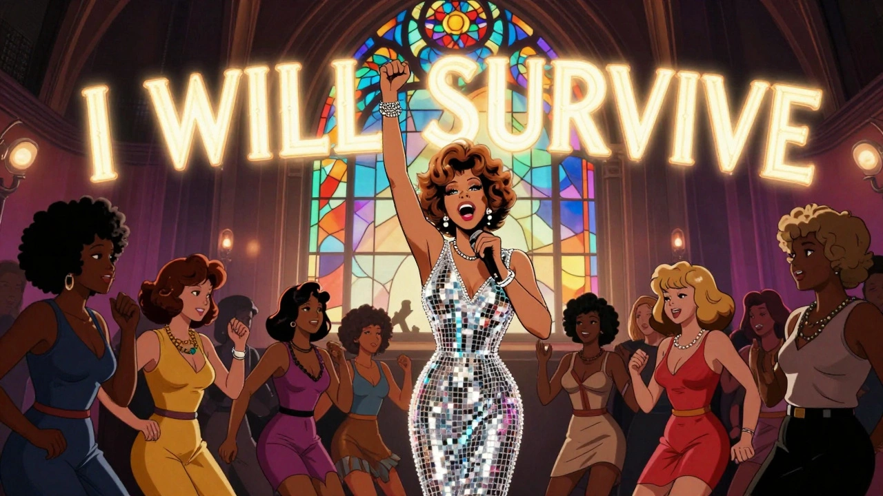 Gloria Gaynor standing tall as the words 'I Will Survive' shine behind her, inspiring dancers in a 1970s nightclub.