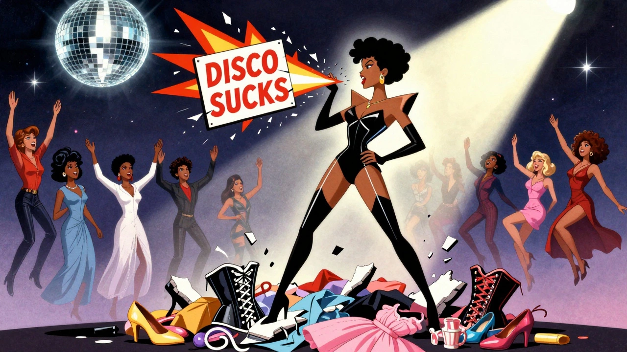 Grace Jones as a powerful, angular figure crushing gender norms while musical legends float behind her in vintage cartoon style.