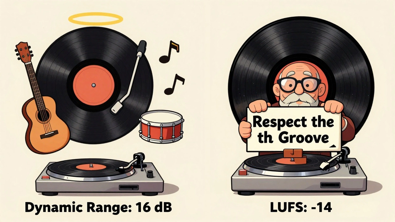 Side-by-side cartoon comparing spacious 1970s vinyl sound versus compressed modern vinyl with a wise turntable sign.