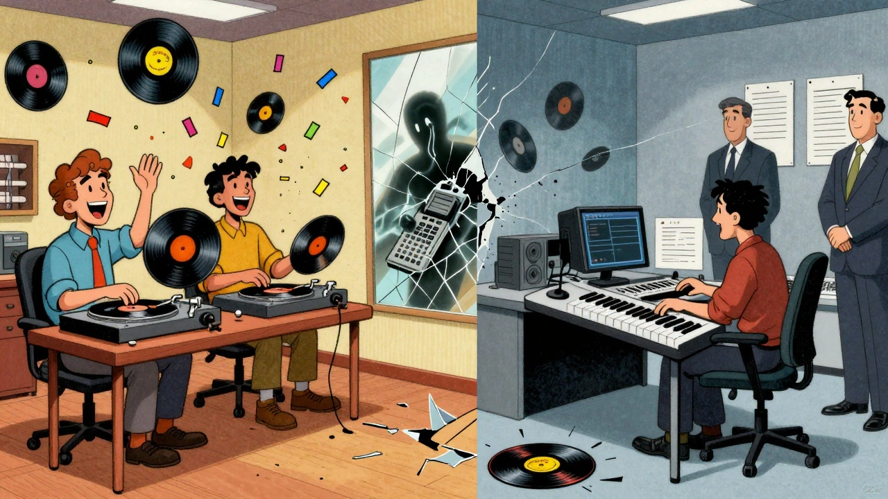 Split-panel cartoon: left shows vibrant 1989 sampling culture; right shows sterile 1990s corporate music production.