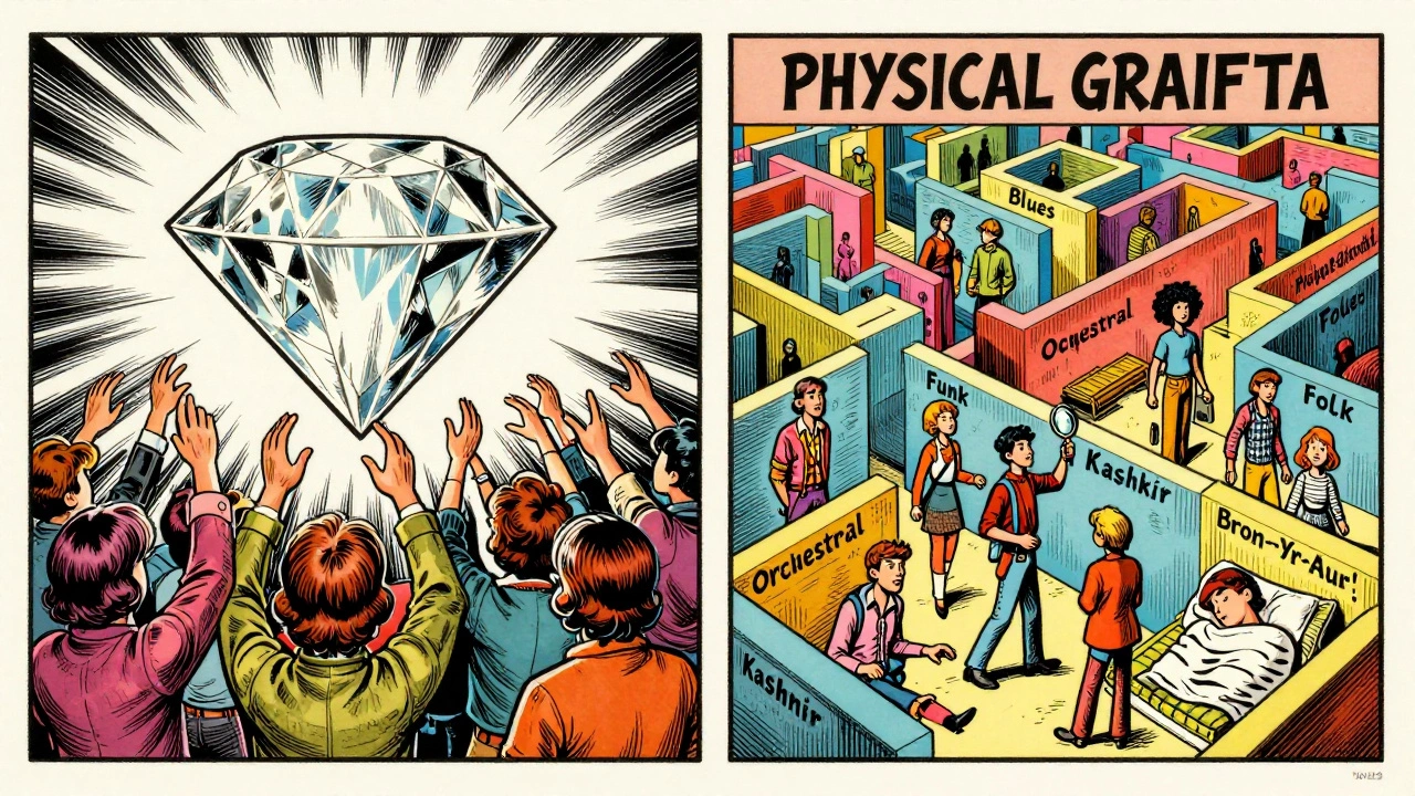 Vintage cartoon comparing Led Zeppelin IV as a diamond and Physical Graffiti as a musical maze.
