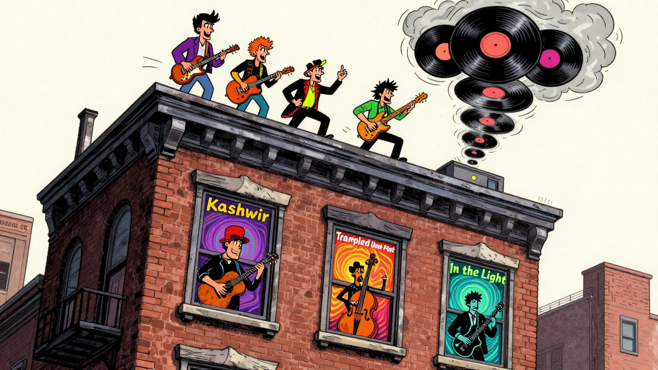 Vintage cartoon of Physical Graffiti as a tenement building with musical scenes in each window.