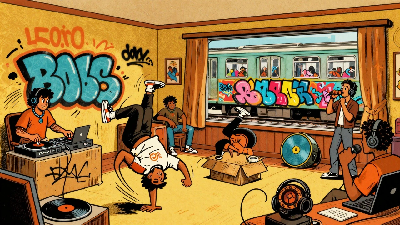 1970s hip-hop block party with dancers, a DJ, and a graffiti-covered wall as a subway train passes by.