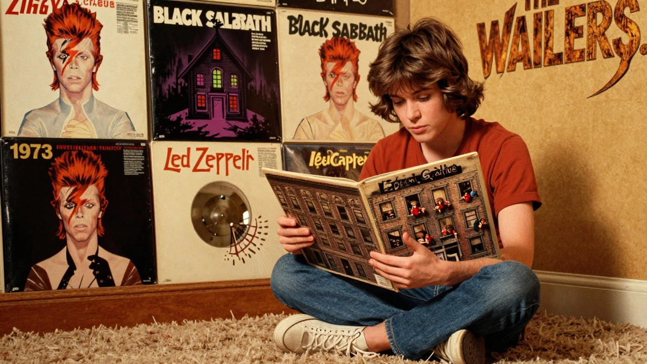 A fan opens a vinyl album to reveal a tiny city, with other classic 1970s covers glowing on the wall behind.