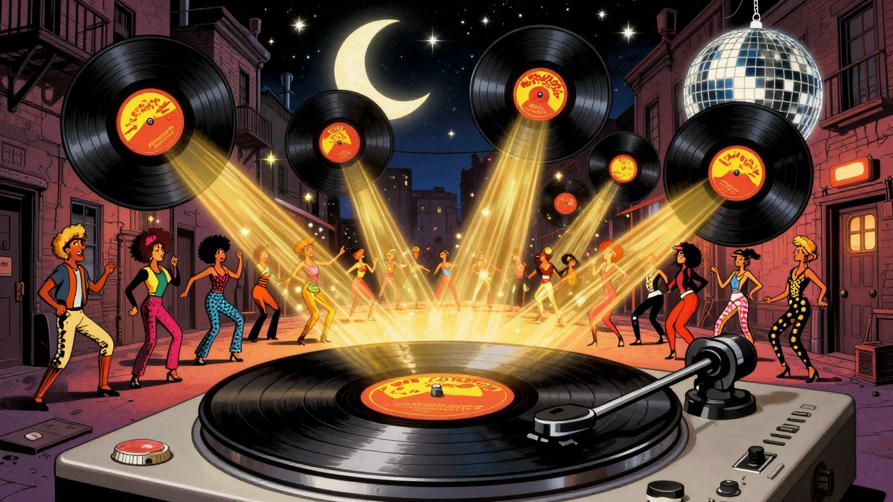 A giant vinyl record spinning above a transforming Brooklyn street, with dancers in bell-bottoms under a disco moon.