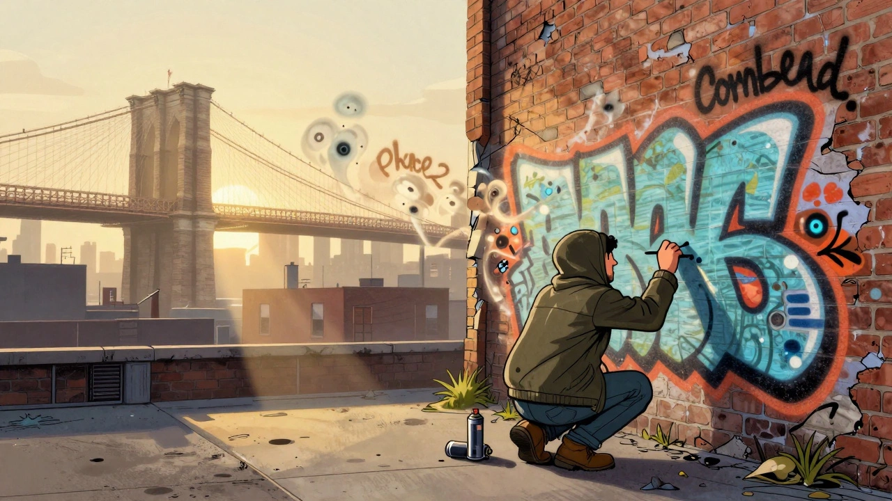 A lone writer at dawn under a bridge, finishing a large graffiti tag with fading historical tags in the background.