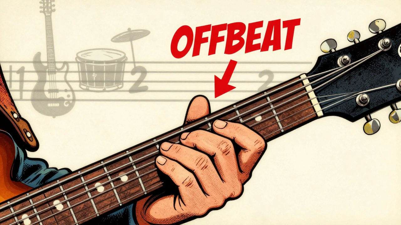 Close-up of a guitarist's hand muting a chord with downstroke, labeled 'OFFBEAT' on musical staff, in retro comic style.