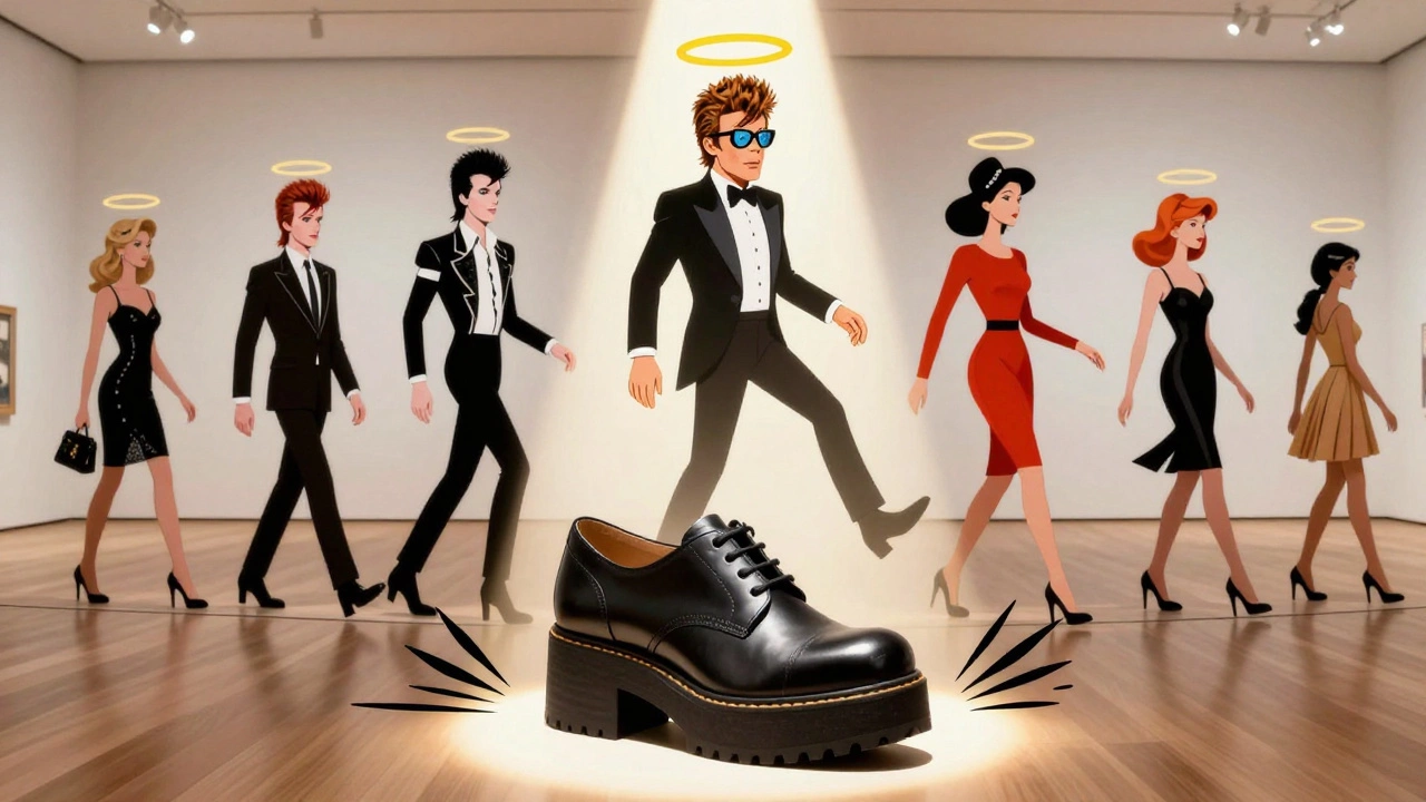 Elton John’s platform shoes displayed as art in MoMA, with fashion icons emerging from a timeline behind them.
