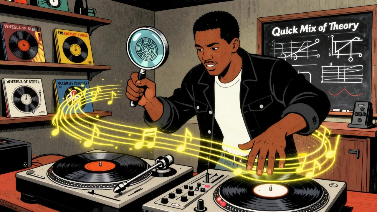 Grandmaster Flash performs turntable magic in a basement studio with musical notes and beat patterns swirling around him.