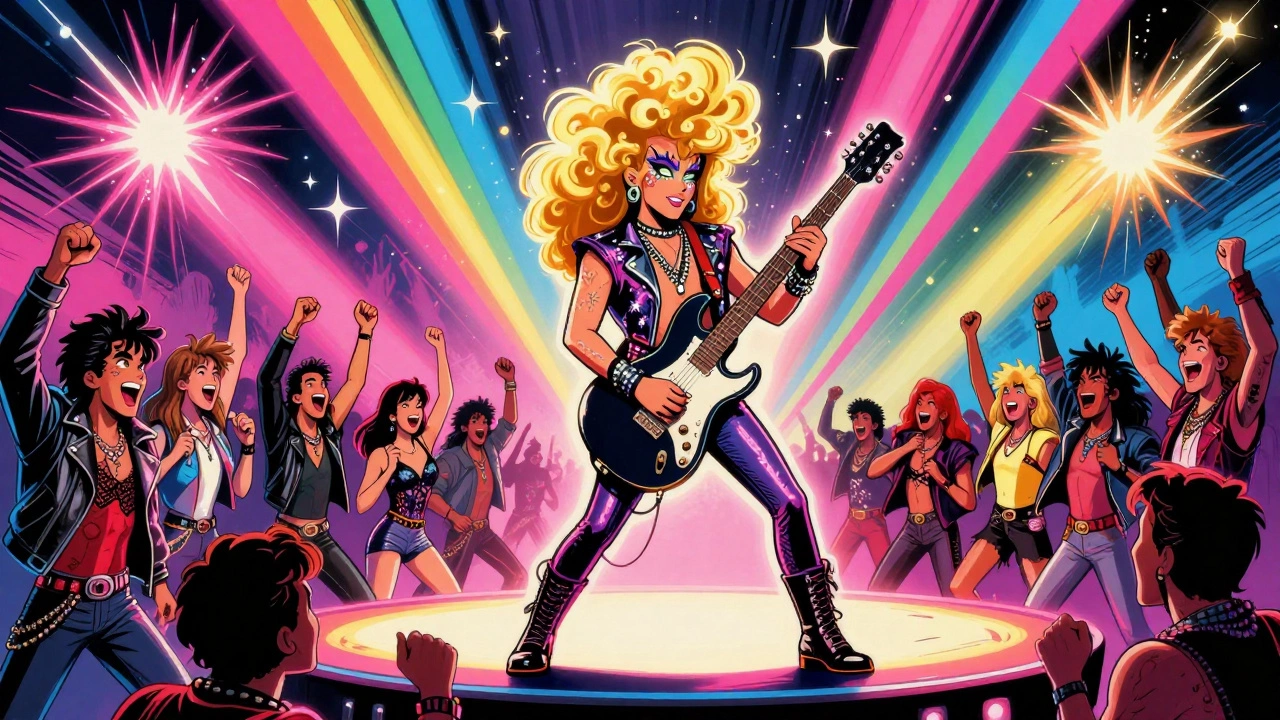 Hair Metal band on glowing stage with towering hair and glitter, fireworks exploding behind them.