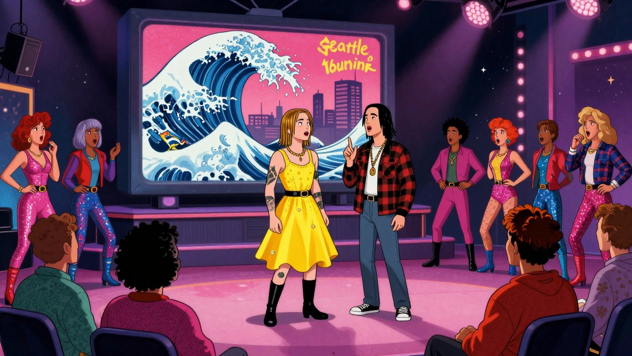 Kurt Cobain in a prom dress at the MTV Awards, Pearl Jam in sweatshirts, as flannel shirts flood a city.