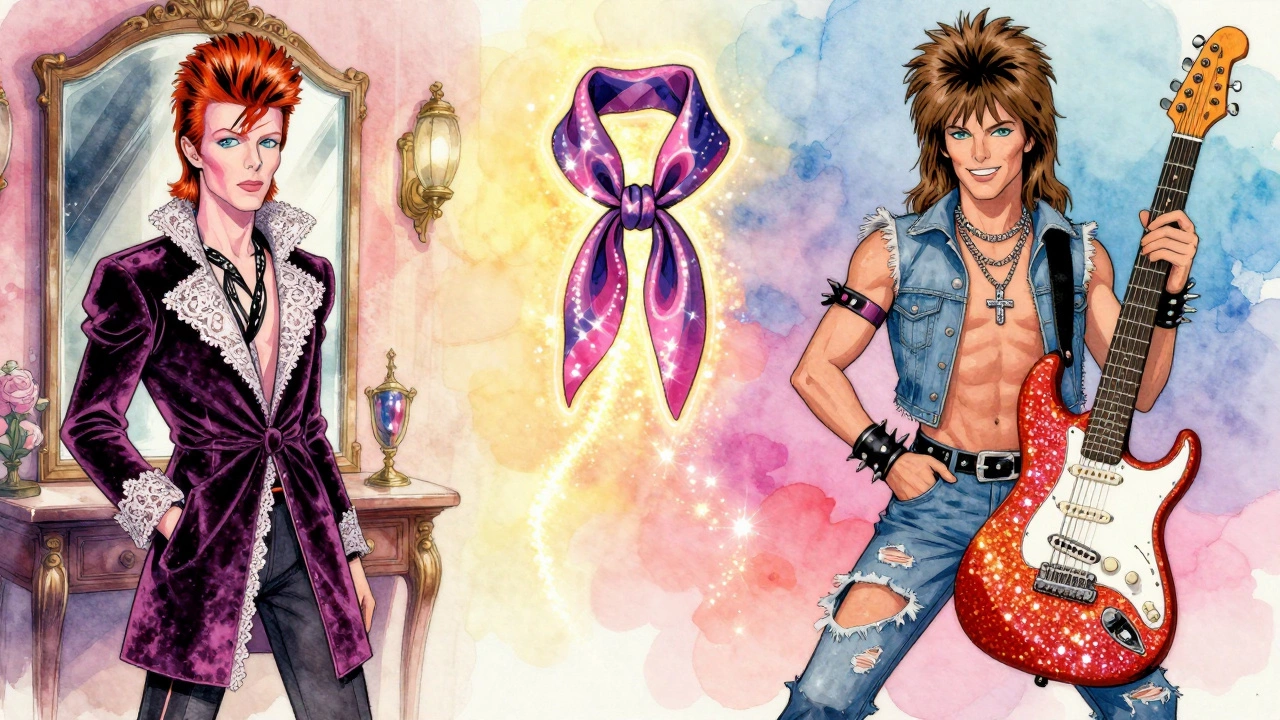 Split cartoon: New Romantic in velvet vs. Hair Metal rocker, glitter path connecting their styles.