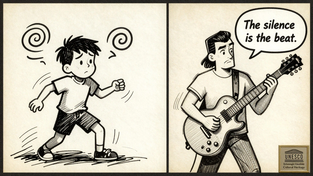 Split cartoon panel: messy upstrokes vs. clean downstrokes, with 'The silence is the beat' speech bubble.