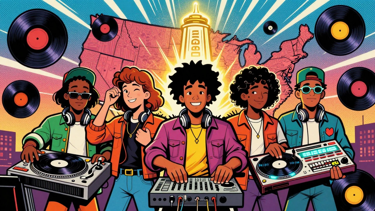 Three iconic 1980s DJs from different cities stand together, each with unique scratching styles and glowing equipment.