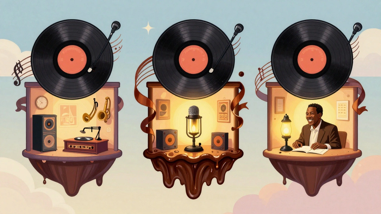 Three legendary soul studios float in the sky with glowing records and musical ribbons, representing the Philly, Memphis, and Motown sounds.