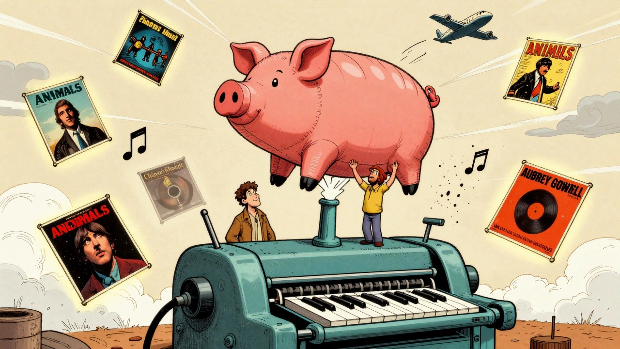 Two artists stand on a printing press with a floating pig, surrounded by iconic 1970s album covers.
