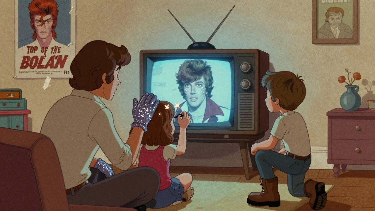 A 1970s family watches Top of the Pops as they mimic glam rock fashion in their living room.