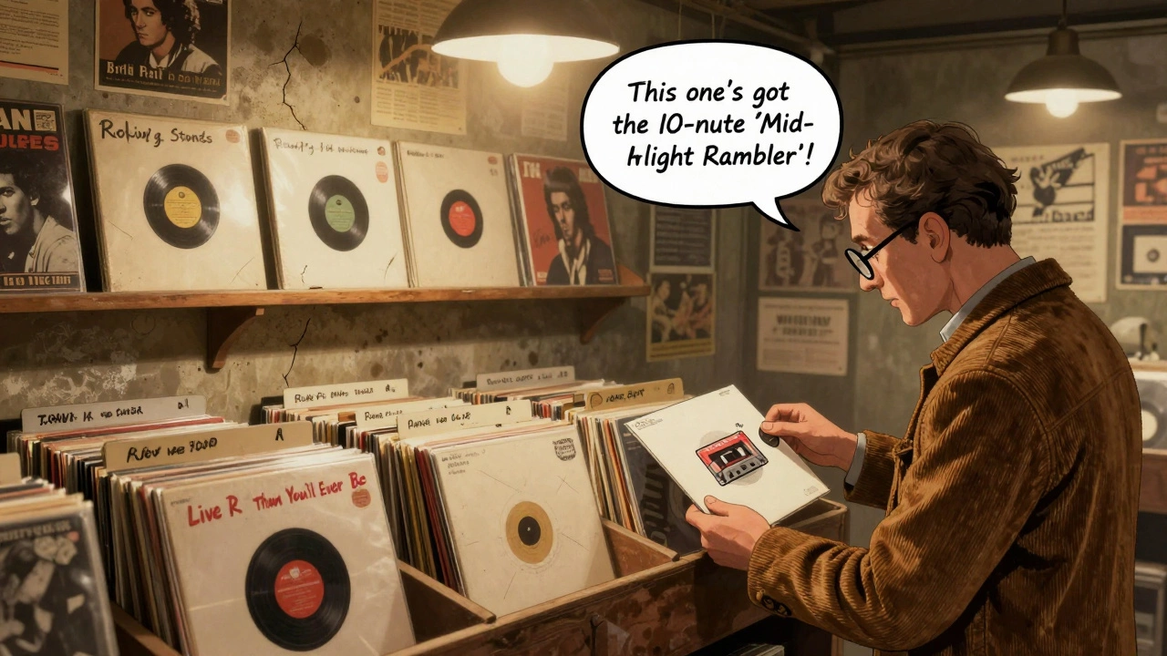 A 1970s underground record shop with white-sleeve bootleg LPs, a customer trading cash for a Rolling Stones live tape.