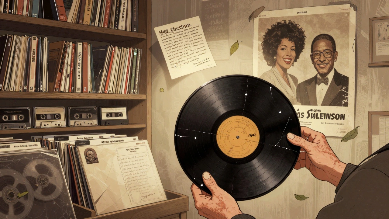A cluttered archive room filled with vintage music tapes and posters, with hands holding a fragile vinyl record.