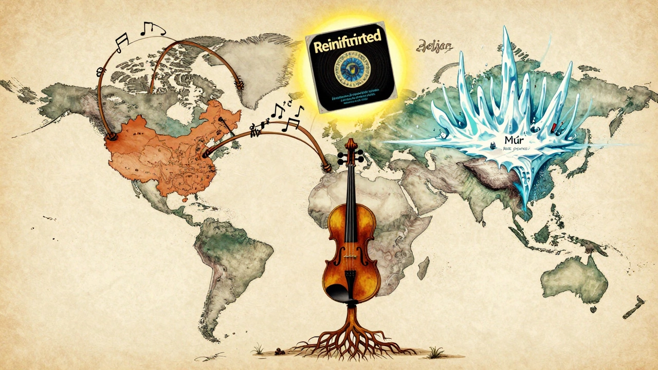 A global map connected by musical threads showing prog bands from China, Portugal, and Iceland, all contributing to a glowing album.