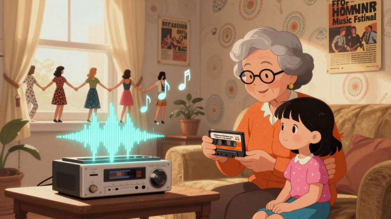 An elderly woman showing a cassette tape to her granddaughter, musical notes rising into images of past rallies.