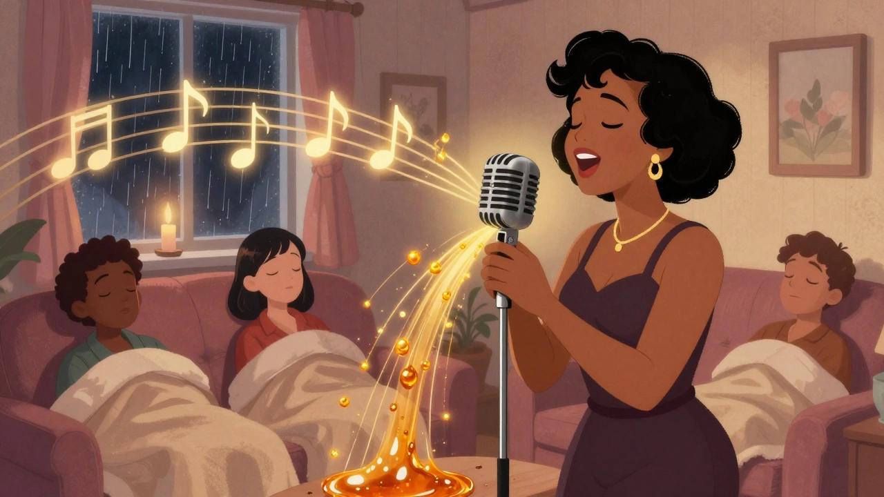Anita Baker singing as honey-like notes flow into a cozy room with listeners in peace.