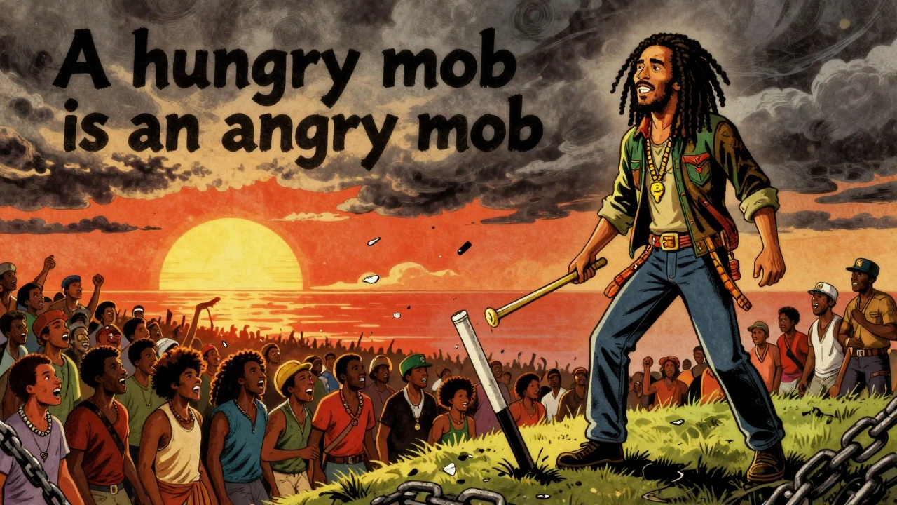 Bob Marley atop a hill with a hungry mob behind him, chains breaking in the sky.
