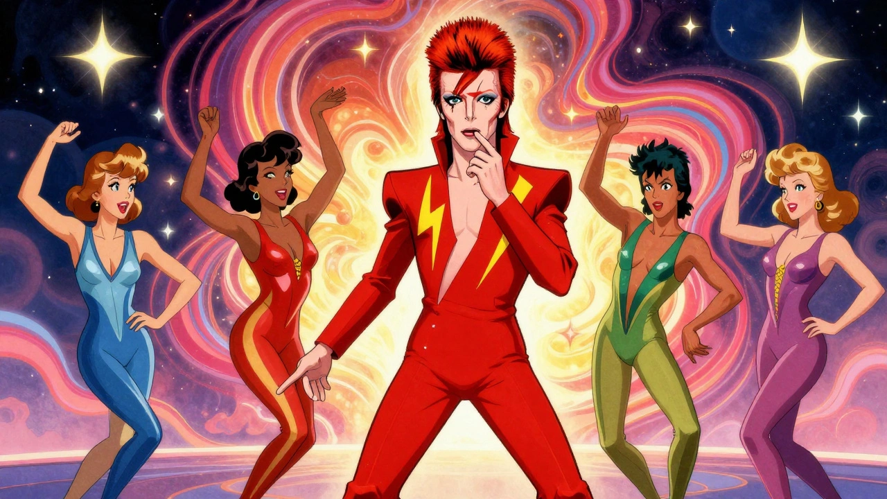 David Bowie as Ziggy Stardust stares at viewer while Pan’s People dance beside him in vibrant costumes.