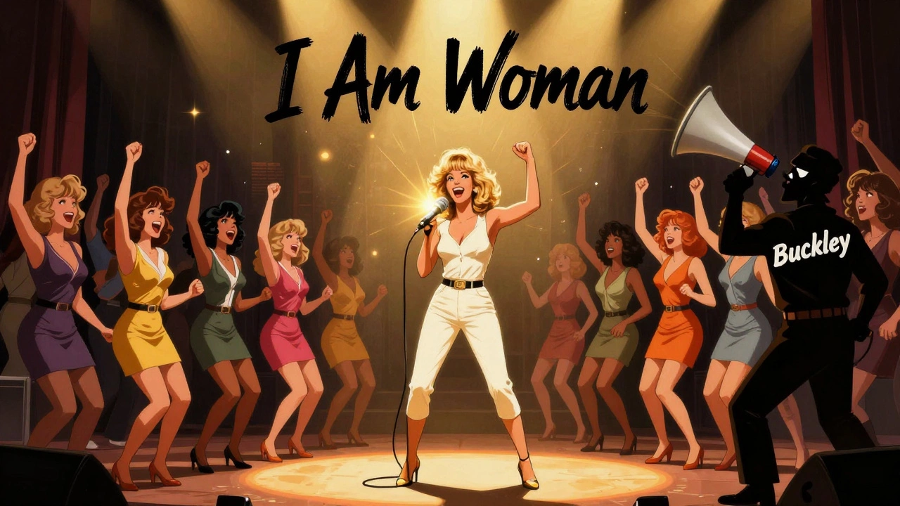 Helen Reddy on stage, women dancing as 'I Am Woman' glows above her.