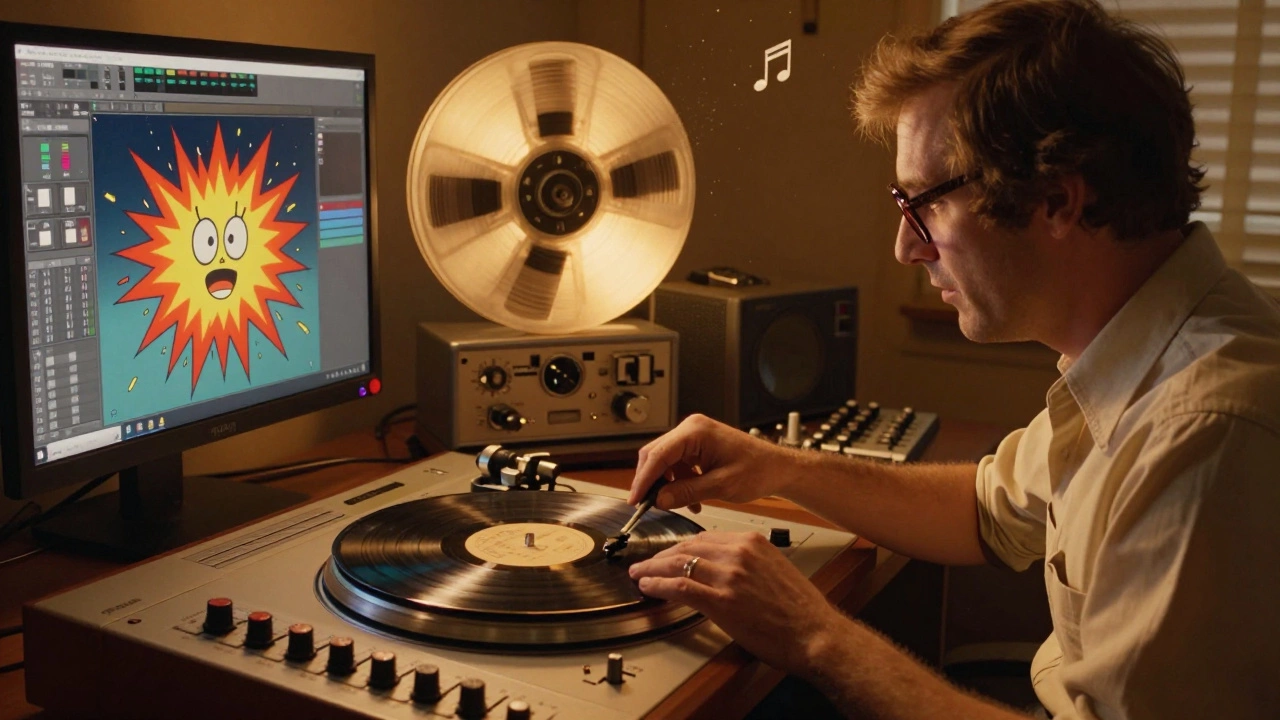 A mastering engineer cutting vinyl with a gentle EQ, while a warm tape reel glows beside a clean analog setup.