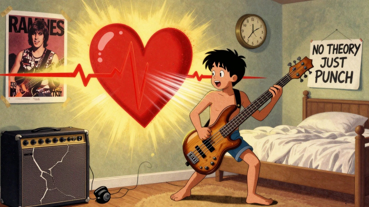 A teen playing 'Blitzkrieg Bop' in his bedroom, with a giant pulsing heartbeat glowing on the wall.