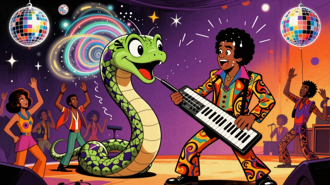 Bernie Worrell playing a Minimoog that transforms into a grooving serpent, with neon sound waves and dancing crowd.