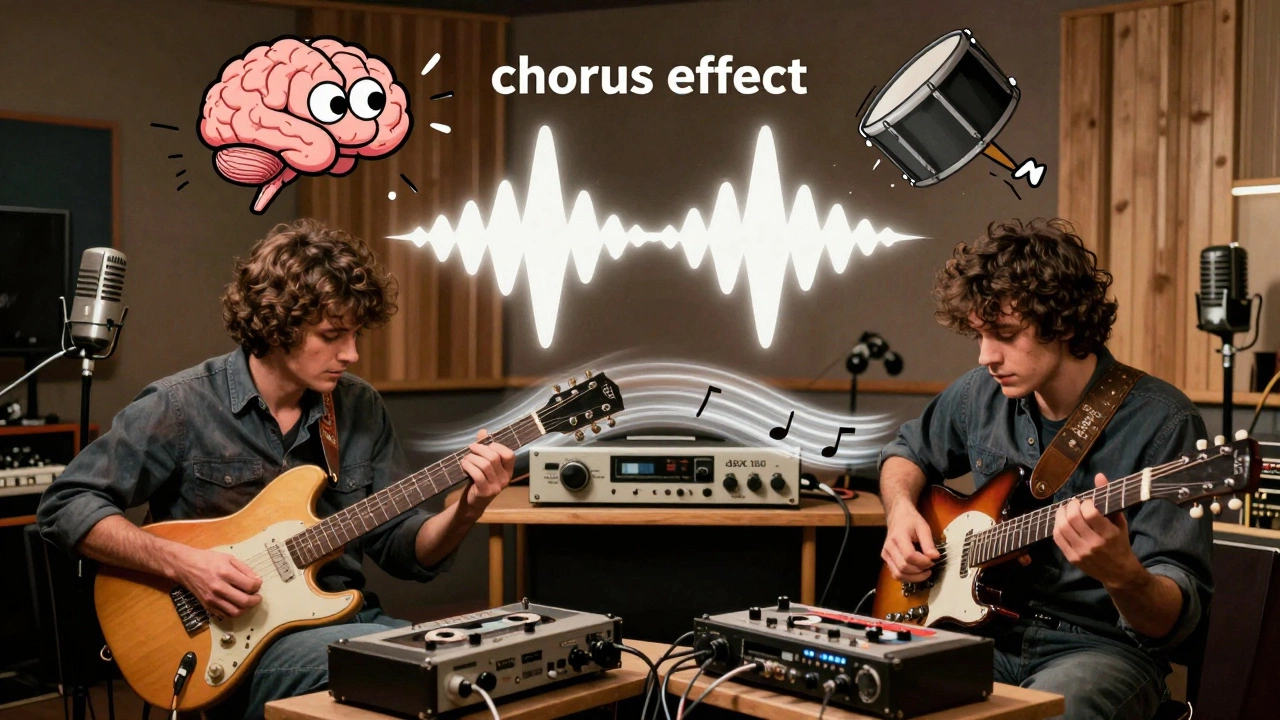 Cartoon of two guitarists double-tracking, creating a shimmering sound effect with mismatched tape machines.