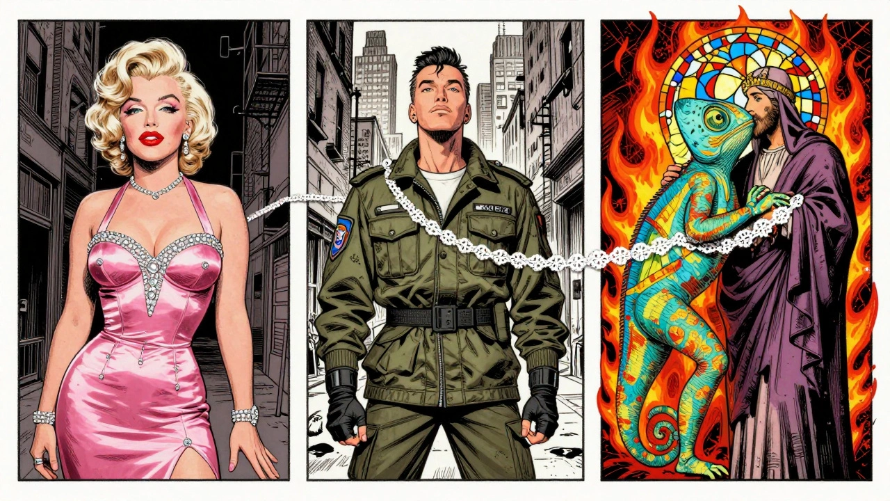 Madonna as three icons: Marilyn, rebel, and spiritual figure, connected by glittering lace, against a 1980s city skyline.