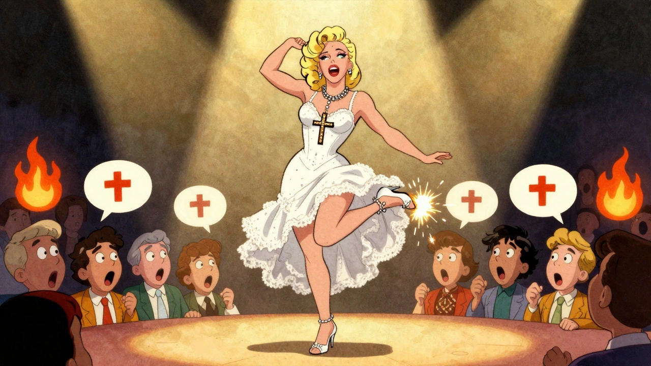 Madonna performing at the 1984 VMAs in a lace wedding dress, one shoe flying off, sparks flying, audience reacting in shock.