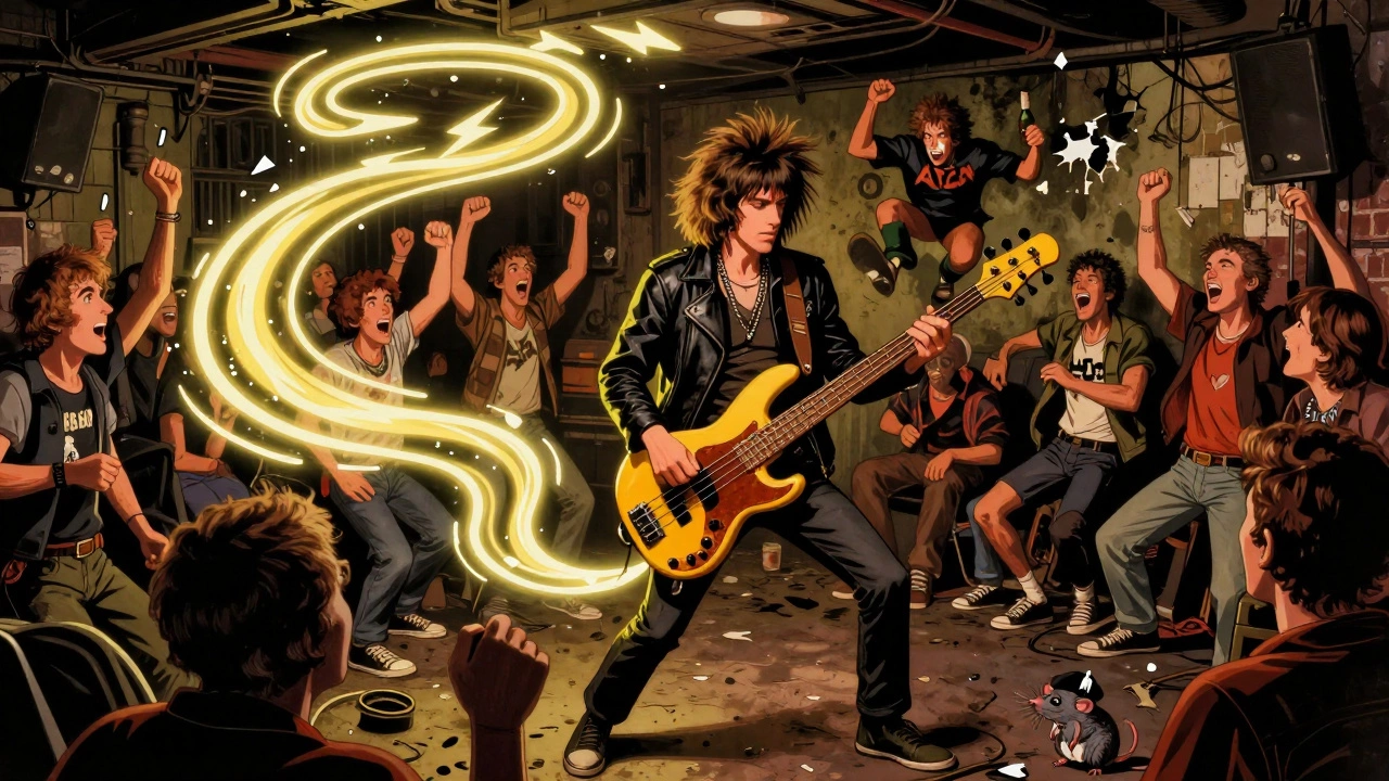 Paul Simonon playing 'London Calling' as his bass line transforms into a vibrant, genre-blending rhythm trail through a wild crowd.