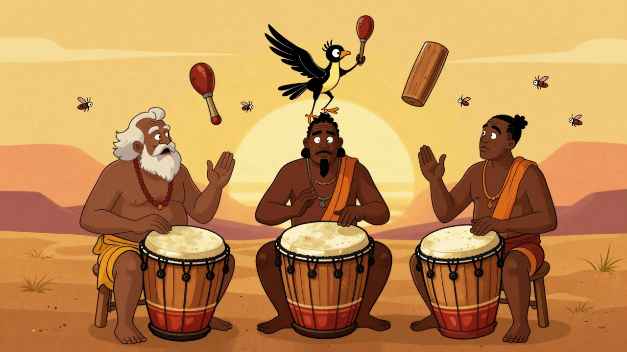 Three anthropomorphic Nyabinghi drums in a ritual circle, each with distinct personality and movement.