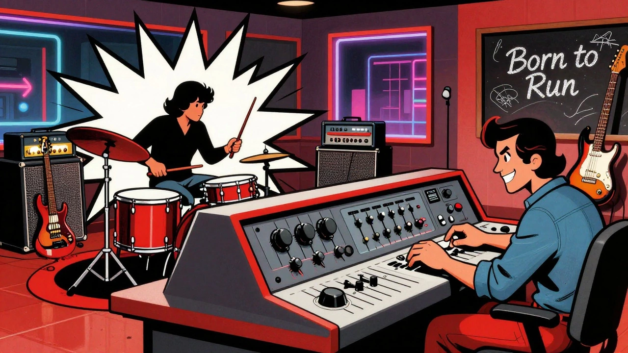 Vintage cartoon of an API console in a 1970s American studio with explosive drum hits and bright energy lines.