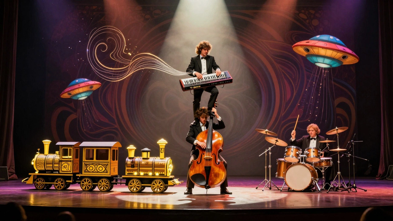 Vintage cartoon of ELP performing 'Pictures at an Exhibition' live, with musical instruments transforming into orchestral elements and rock motifs under dramatic lighting.