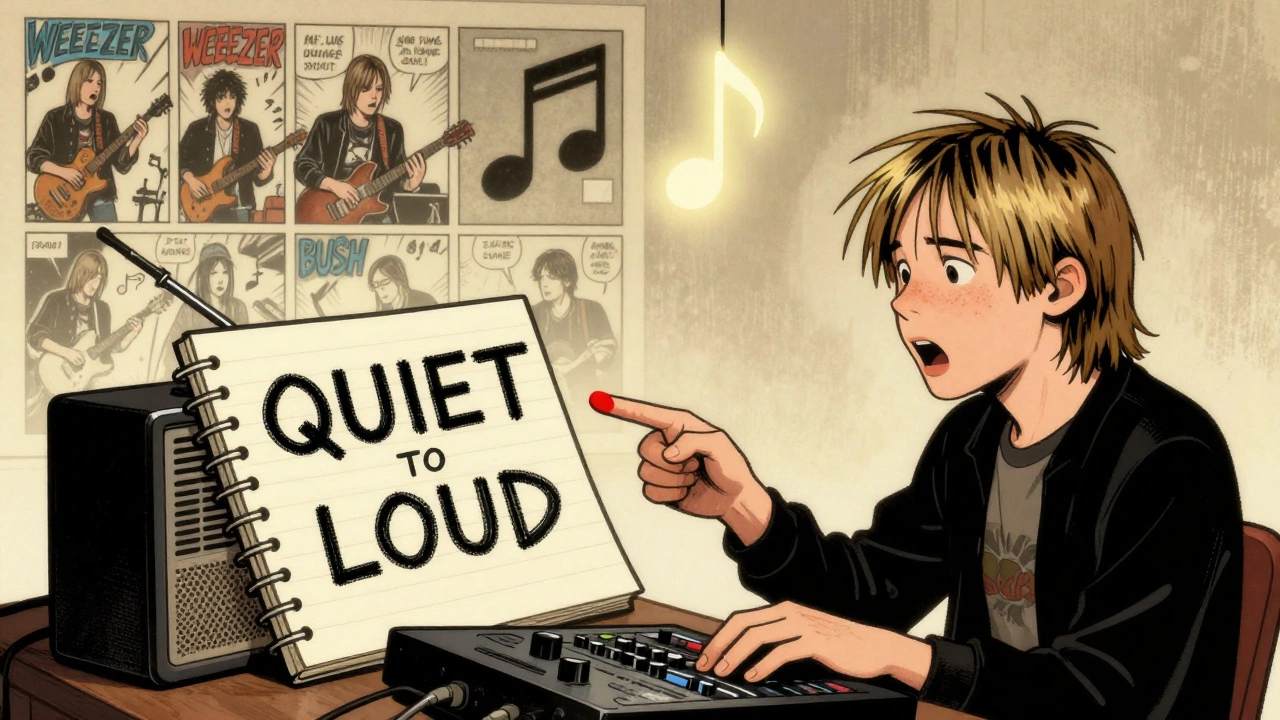 A DJ reacting to a loud radio signal, while Kurt Cobain sketches a quiet-to-loud structure, with other bands copying it in comic panels behind him.