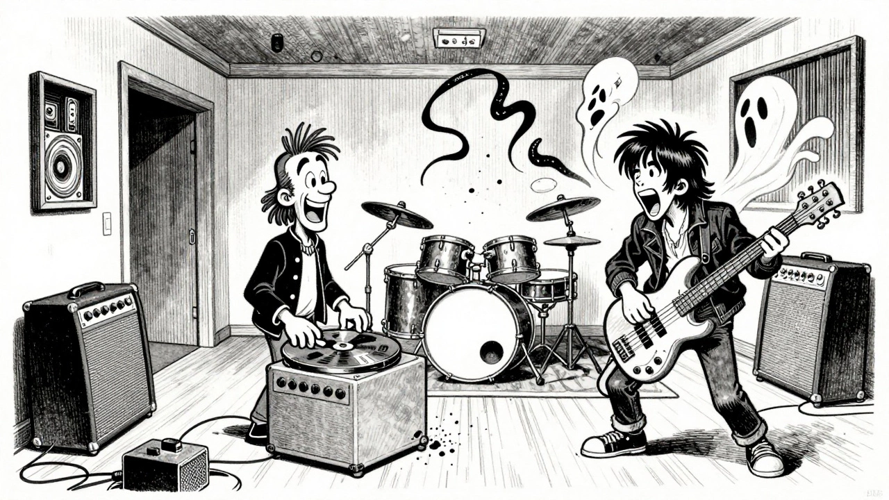 A messy recording studio with amps in a hallway, drums rattling, and ink splatters flying as a singer screams, with a bassline curling through the air.